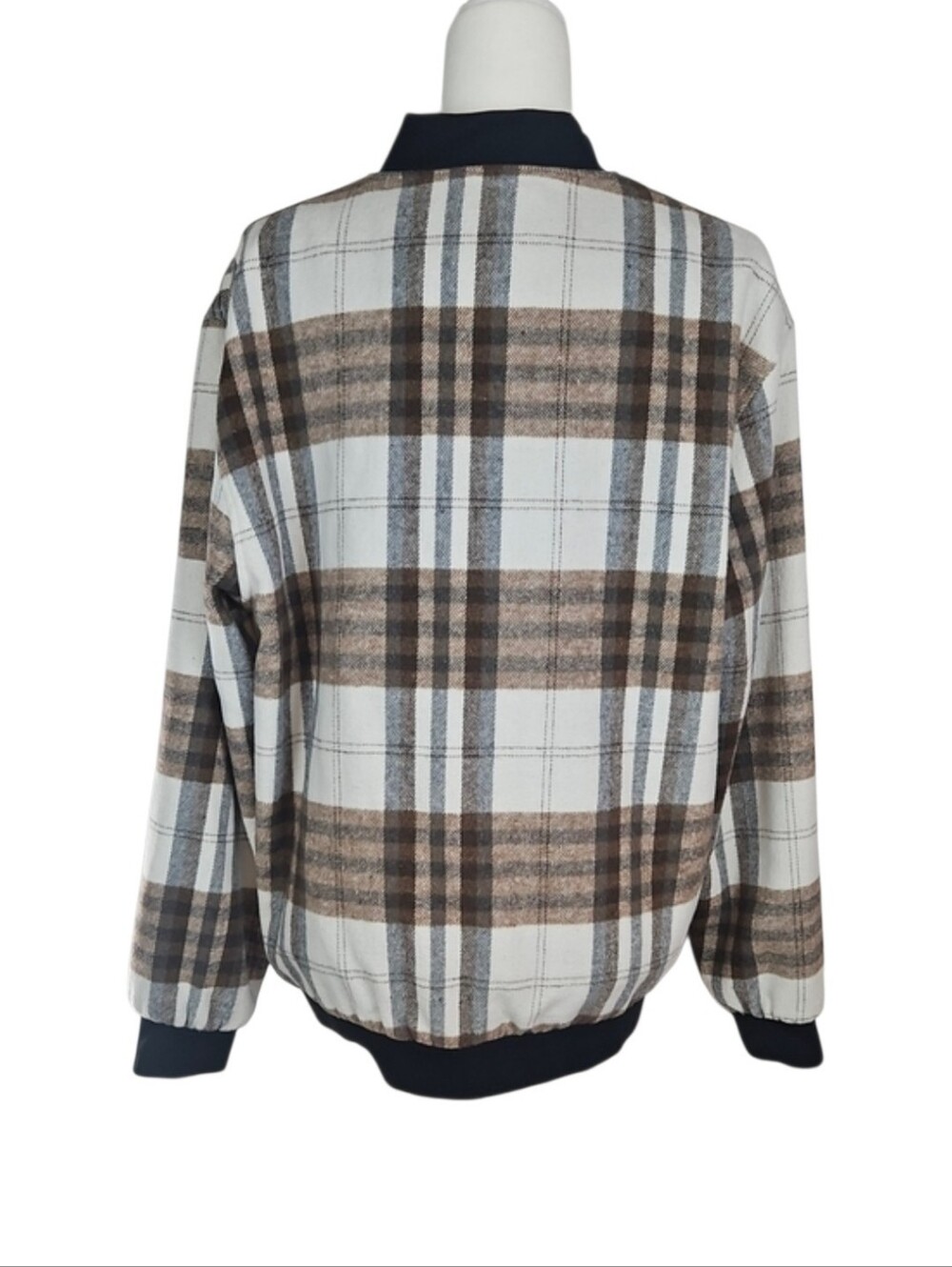 Collegiate Plaid Bomber Jacket Milk Chocolate Brown Cream Black Academia Fall L - Picture 3 of 8